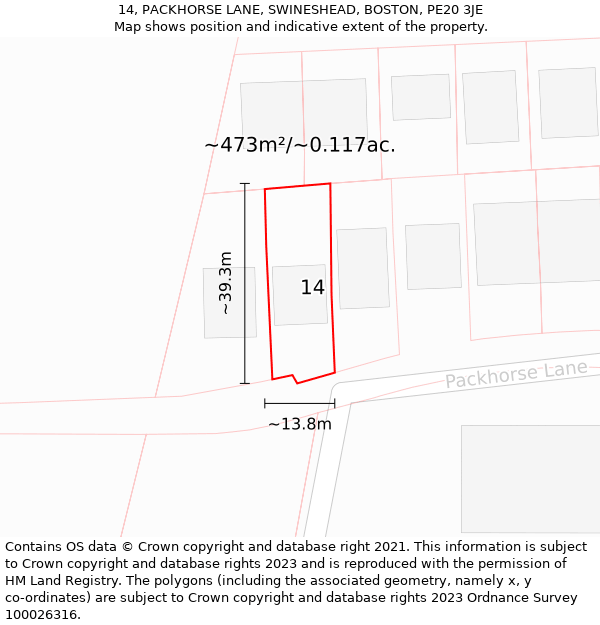 14, PACKHORSE LANE, SWINESHEAD, BOSTON, PE20 3JE: Plot and title map