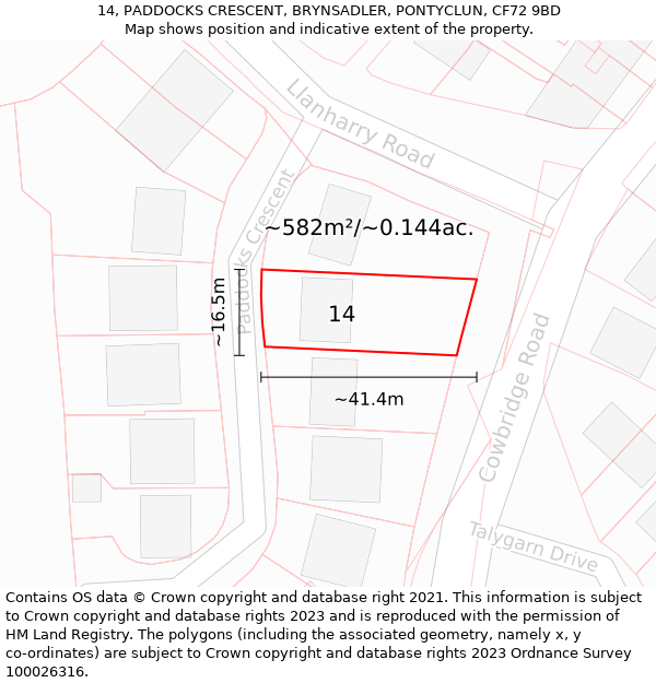 14, PADDOCKS CRESCENT, BRYNSADLER, PONTYCLUN, CF72 9BD: Plot and title map