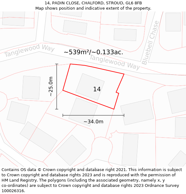 14, PADIN CLOSE, CHALFORD, STROUD, GL6 8FB: Plot and title map