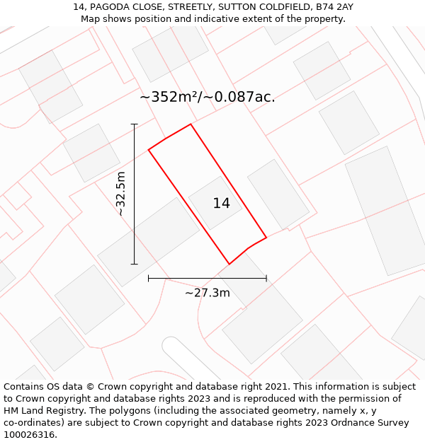 14, PAGODA CLOSE, STREETLY, SUTTON COLDFIELD, B74 2AY: Plot and title map