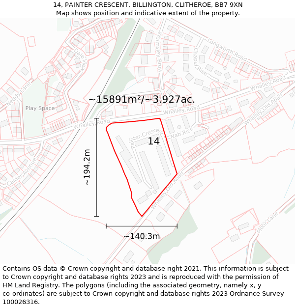 14, PAINTER CRESCENT, BILLINGTON, CLITHEROE, BB7 9XN: Plot and title map