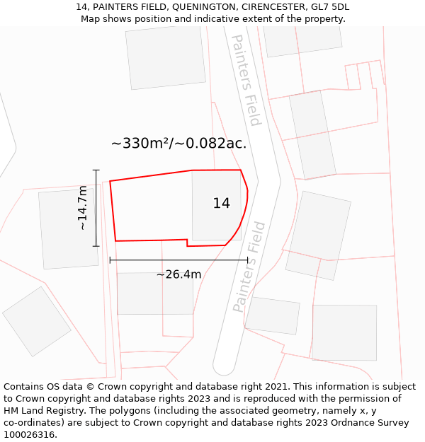 14, PAINTERS FIELD, QUENINGTON, CIRENCESTER, GL7 5DL: Plot and title map