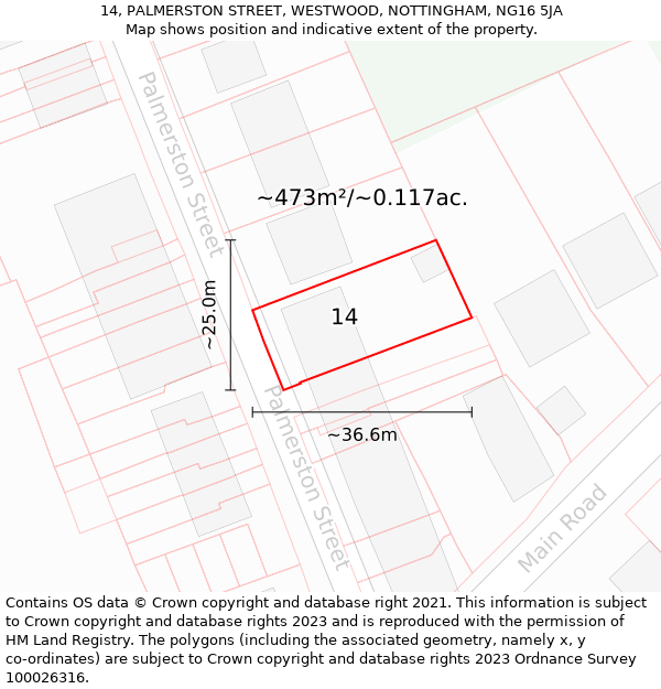 14, PALMERSTON STREET, WESTWOOD, NOTTINGHAM, NG16 5JA: Plot and title map