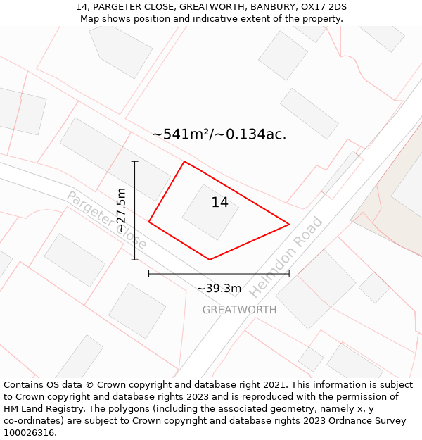 14, PARGETER CLOSE, GREATWORTH, BANBURY, OX17 2DS: Plot and title map