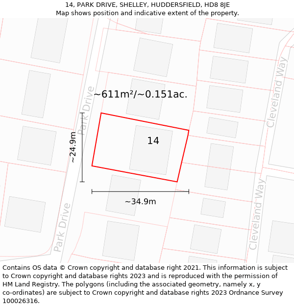 14, PARK DRIVE, SHELLEY, HUDDERSFIELD, HD8 8JE: Plot and title map