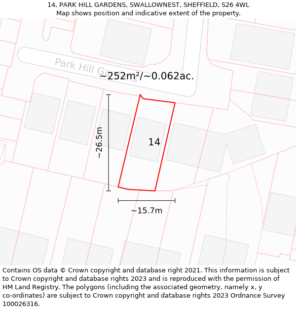 14, PARK HILL GARDENS, SWALLOWNEST, SHEFFIELD, S26 4WL: Plot and title map