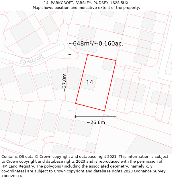 14, PARKCROFT, FARSLEY, PUDSEY, LS28 5UX: Plot and title map