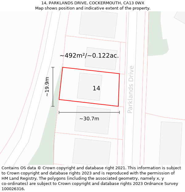 14, PARKLANDS DRIVE, COCKERMOUTH, CA13 0WX: Plot and title map