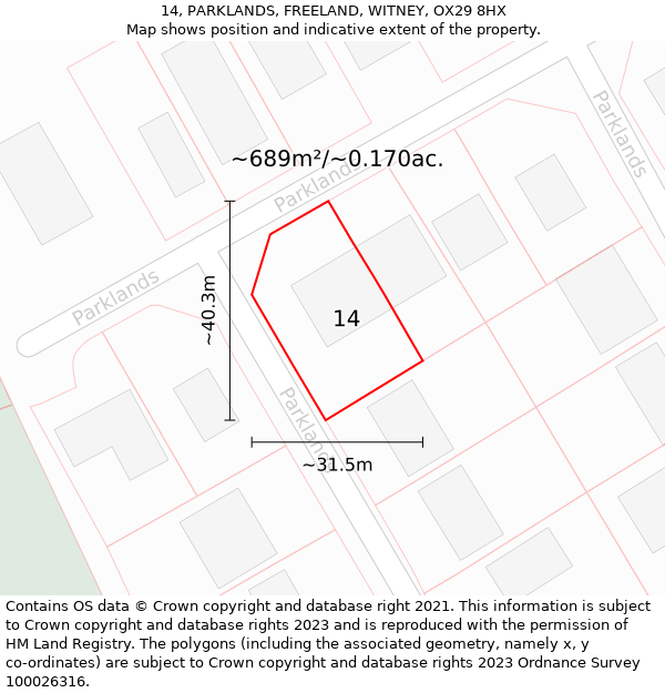 14, PARKLANDS, FREELAND, WITNEY, OX29 8HX: Plot and title map