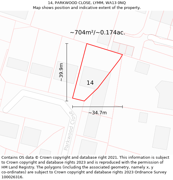 14, PARKWOOD CLOSE, LYMM, WA13 0NQ: Plot and title map