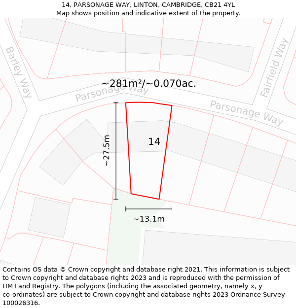 14, PARSONAGE WAY, LINTON, CAMBRIDGE, CB21 4YL: Plot and title map