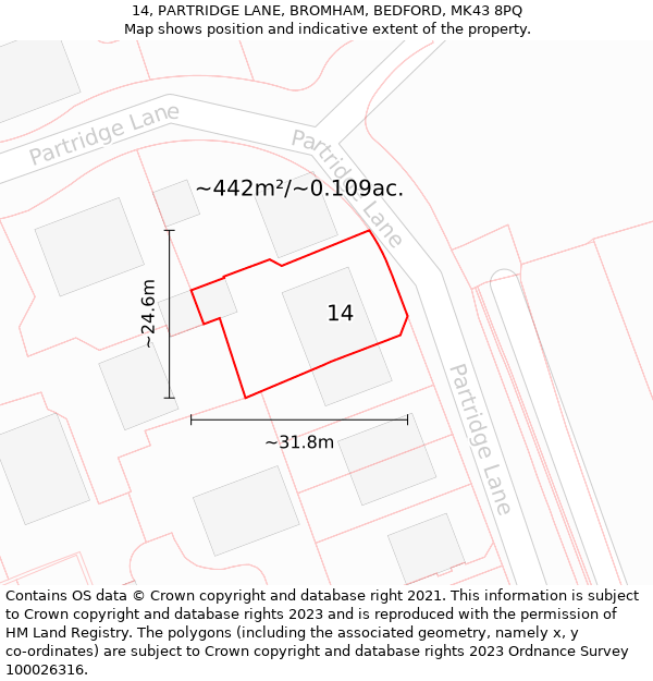 14, PARTRIDGE LANE, BROMHAM, BEDFORD, MK43 8PQ: Plot and title map