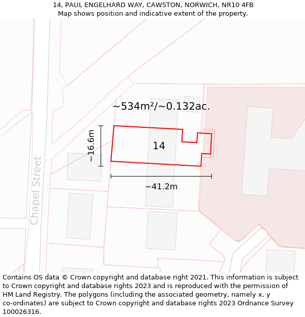 14, PAUL ENGELHARD WAY, CAWSTON, NORWICH, NR10 4FB: Plot and title map