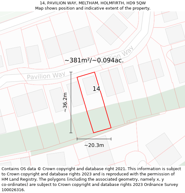 14, PAVILION WAY, MELTHAM, HOLMFIRTH, HD9 5QW: Plot and title map