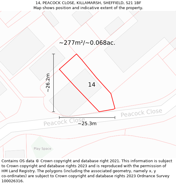 14, PEACOCK CLOSE, KILLAMARSH, SHEFFIELD, S21 1BF: Plot and title map