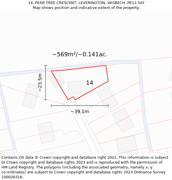 14, PEAR TREE CRESCENT, LEVERINGTON, WISBECH, PE13 5AY: Plot and title map