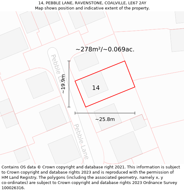 14, PEBBLE LANE, RAVENSTONE, COALVILLE, LE67 2AY: Plot and title map