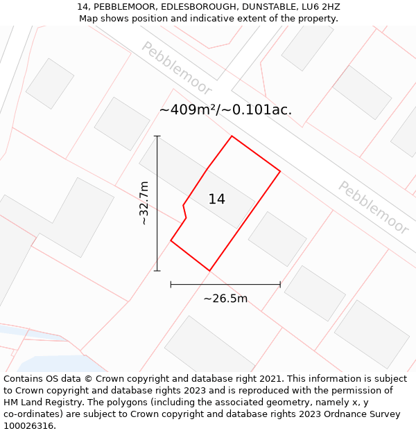 14, PEBBLEMOOR, EDLESBOROUGH, DUNSTABLE, LU6 2HZ: Plot and title map