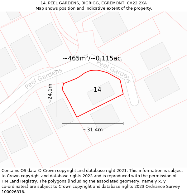 14, PEEL GARDENS, BIGRIGG, EGREMONT, CA22 2XA: Plot and title map