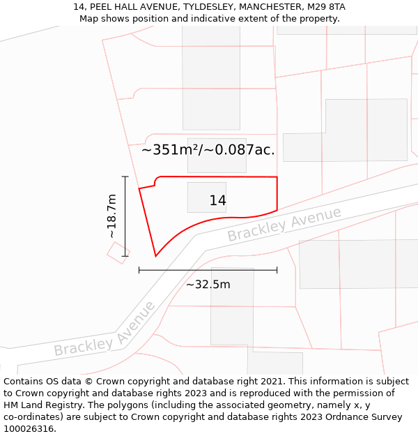 14, PEEL HALL AVENUE, TYLDESLEY, MANCHESTER, M29 8TA: Plot and title map