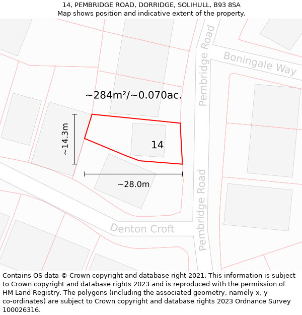 14, PEMBRIDGE ROAD, DORRIDGE, SOLIHULL, B93 8SA: Plot and title map