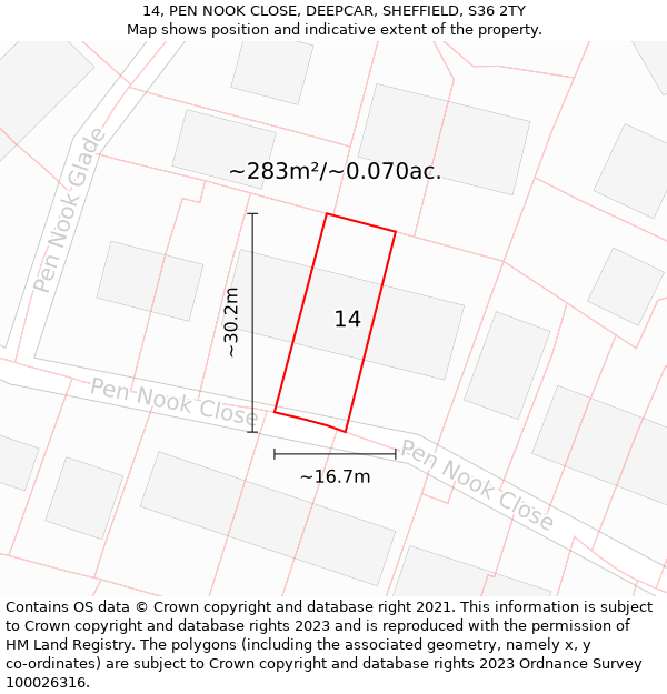 14, PEN NOOK CLOSE, DEEPCAR, SHEFFIELD, S36 2TY: Plot and title map
