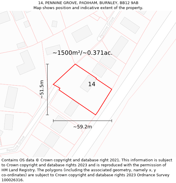 14, PENNINE GROVE, PADIHAM, BURNLEY, BB12 9AB: Plot and title map