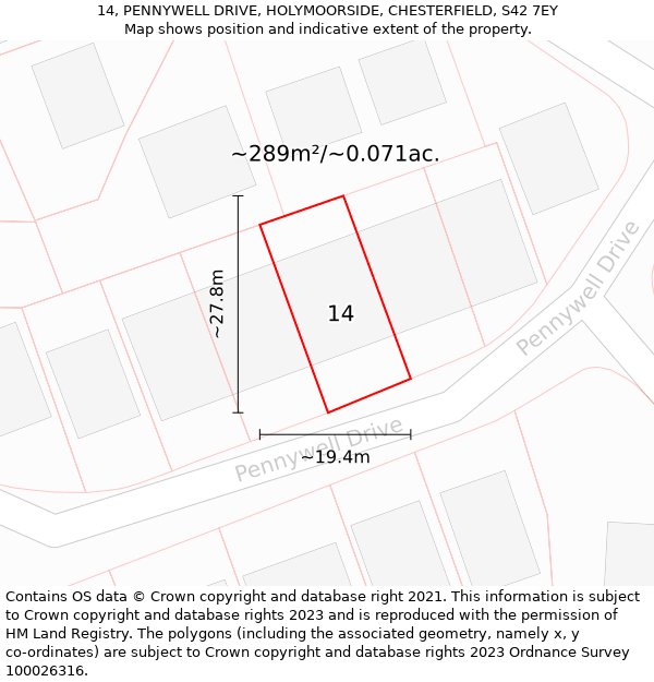 14, PENNYWELL DRIVE, HOLYMOORSIDE, CHESTERFIELD, S42 7EY: Plot and title map