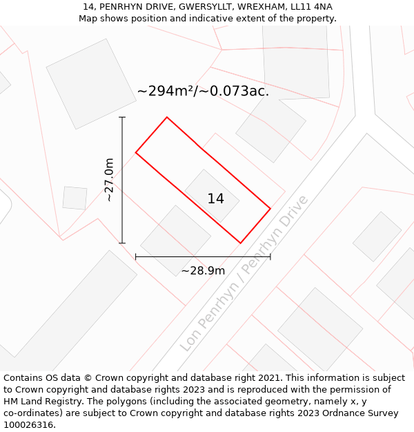 14, PENRHYN DRIVE, GWERSYLLT, WREXHAM, LL11 4NA: Plot and title map