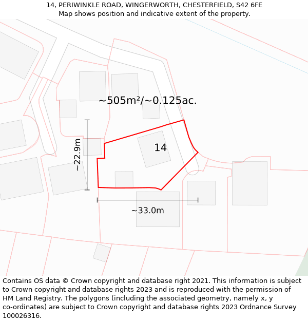 14, PERIWINKLE ROAD, WINGERWORTH, CHESTERFIELD, S42 6FE: Plot and title map