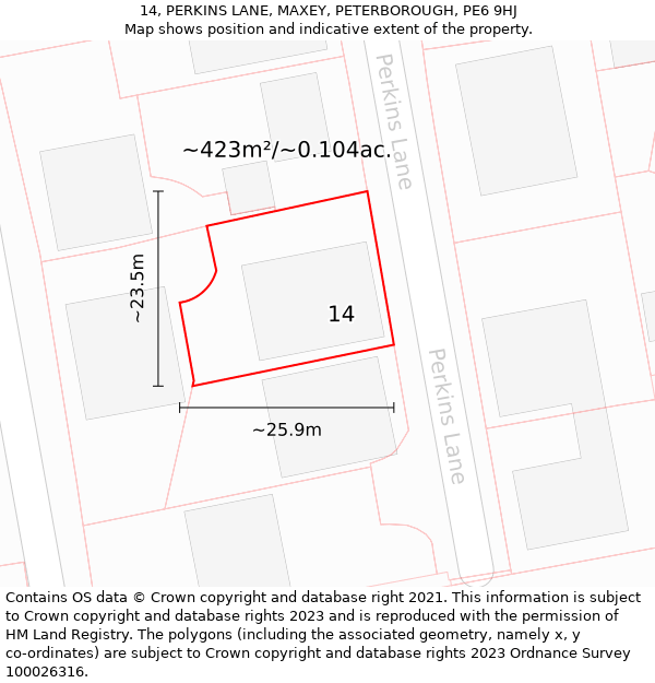 14, PERKINS LANE, MAXEY, PETERBOROUGH, PE6 9HJ: Plot and title map