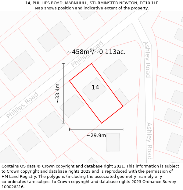 14, PHILLIPS ROAD, MARNHULL, STURMINSTER NEWTON, DT10 1LF: Plot and title map