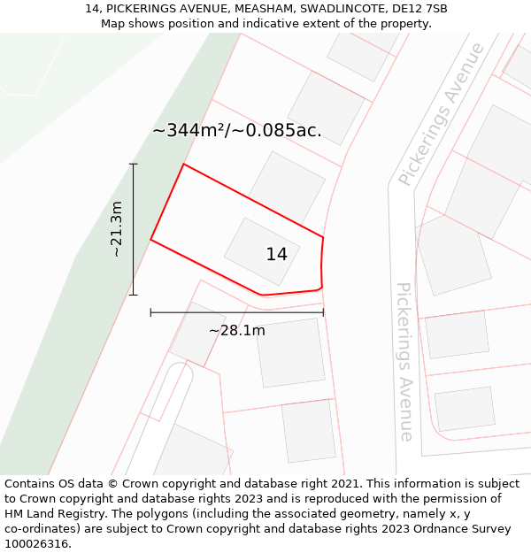 14, PICKERINGS AVENUE, MEASHAM, SWADLINCOTE, DE12 7SB: Plot and title map