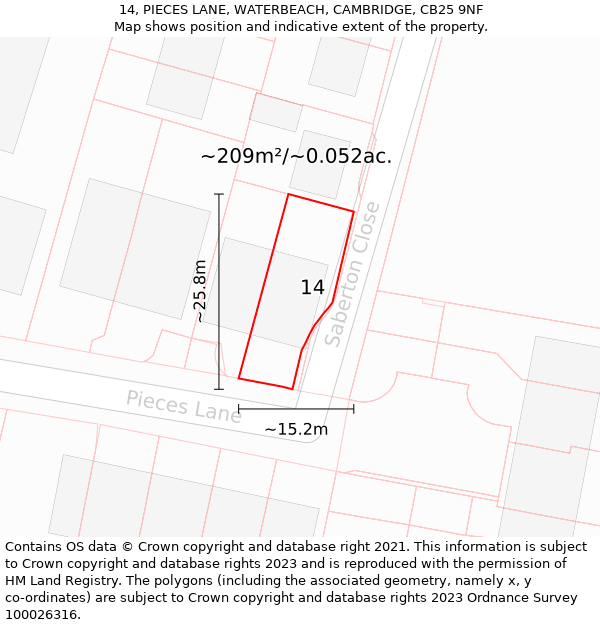 14, PIECES LANE, WATERBEACH, CAMBRIDGE, CB25 9NF: Plot and title map