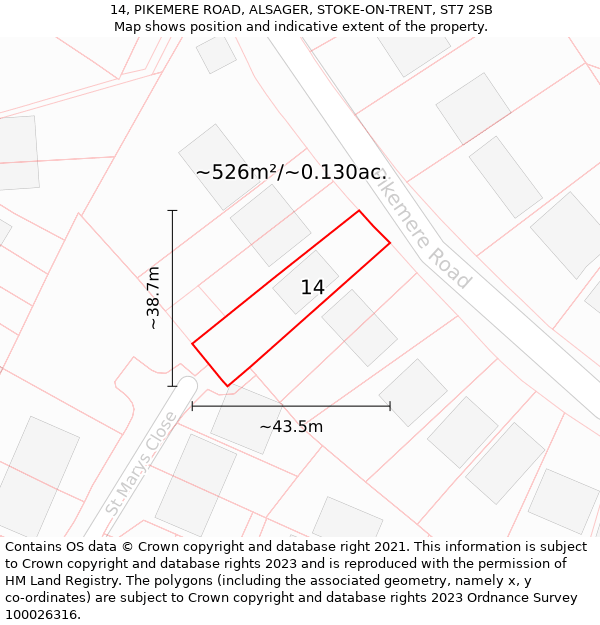 14, PIKEMERE ROAD, ALSAGER, STOKE-ON-TRENT, ST7 2SB: Plot and title map