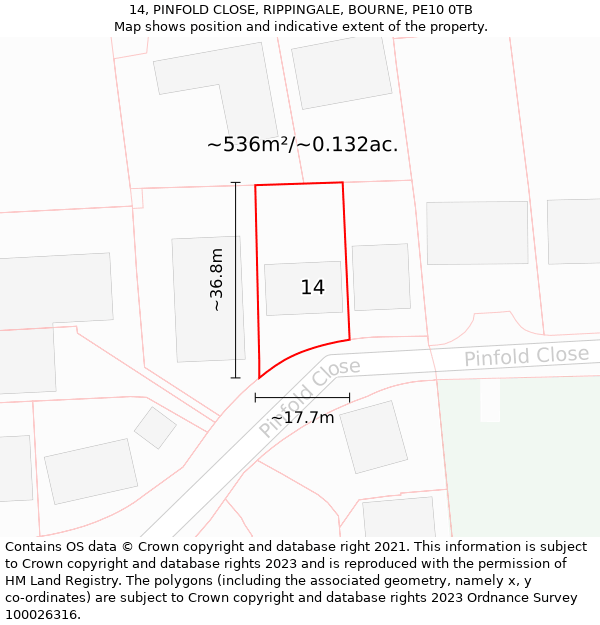 14, PINFOLD CLOSE, RIPPINGALE, BOURNE, PE10 0TB: Plot and title map