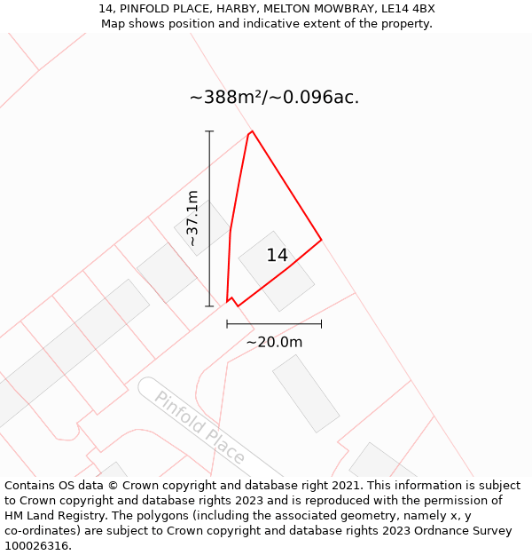 14, PINFOLD PLACE, HARBY, MELTON MOWBRAY, LE14 4BX: Plot and title map