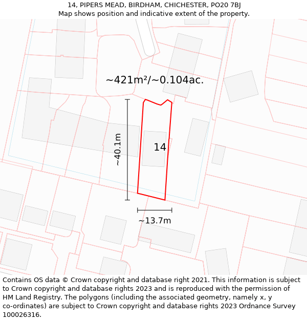 14, PIPERS MEAD, BIRDHAM, CHICHESTER, PO20 7BJ: Plot and title map