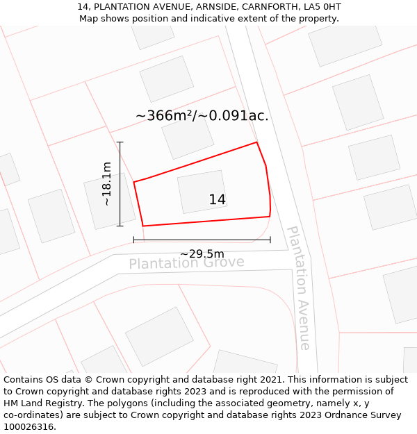 14, PLANTATION AVENUE, ARNSIDE, CARNFORTH, LA5 0HT: Plot and title map