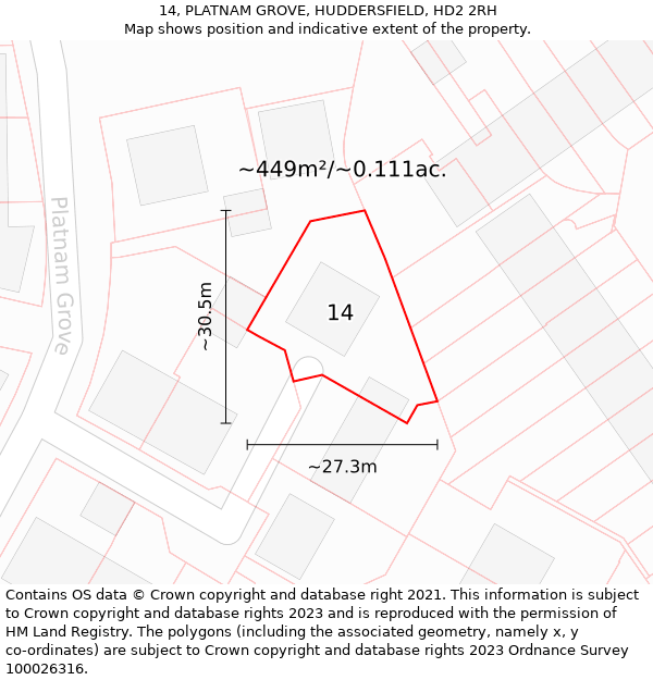 14, PLATNAM GROVE, HUDDERSFIELD, HD2 2RH: Plot and title map