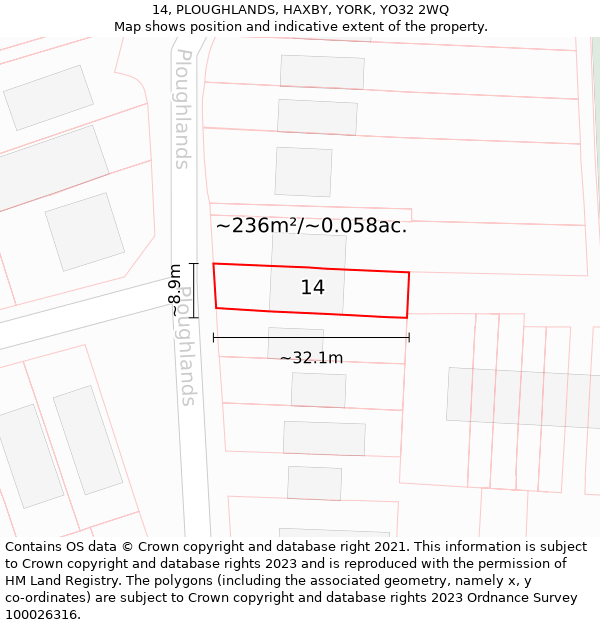 14, PLOUGHLANDS, HAXBY, YORK, YO32 2WQ: Plot and title map