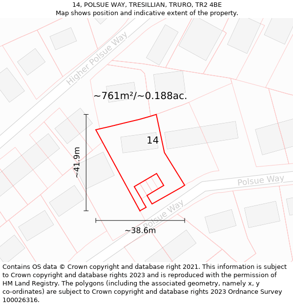 14, POLSUE WAY, TRESILLIAN, TRURO, TR2 4BE: Plot and title map