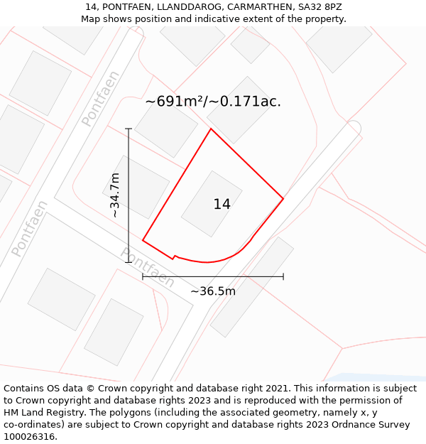 14, PONTFAEN, LLANDDAROG, CARMARTHEN, SA32 8PZ: Plot and title map