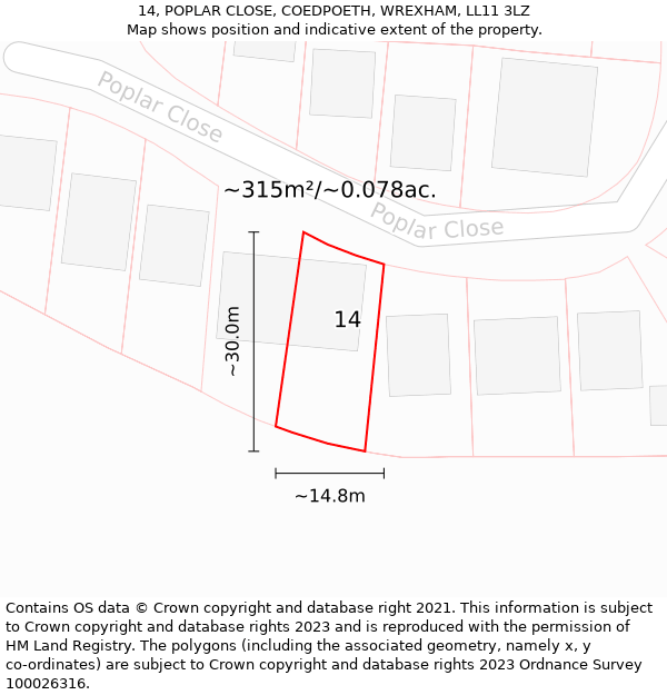 14, POPLAR CLOSE, COEDPOETH, WREXHAM, LL11 3LZ: Plot and title map