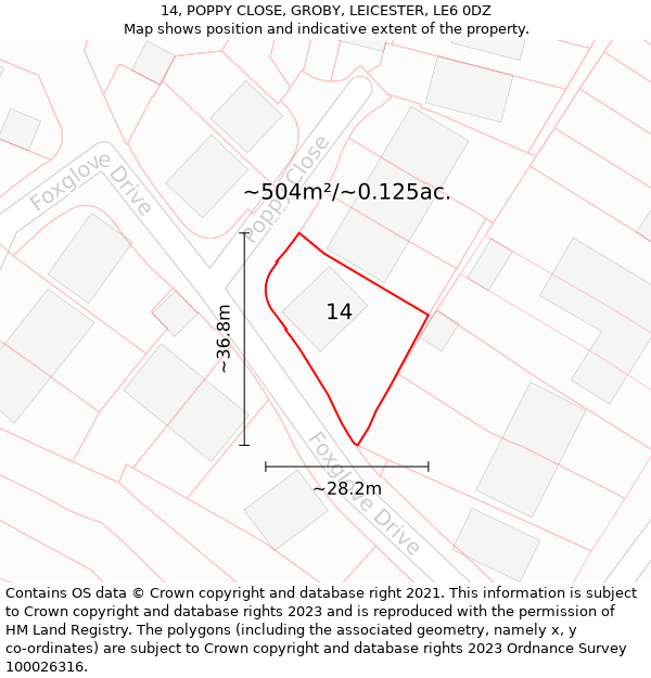 14, POPPY CLOSE, GROBY, LEICESTER, LE6 0DZ: Plot and title map