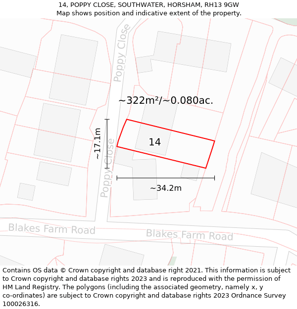 14, POPPY CLOSE, SOUTHWATER, HORSHAM, RH13 9GW: Plot and title map