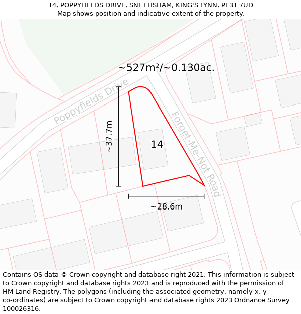 14, POPPYFIELDS DRIVE, SNETTISHAM, KING'S LYNN, PE31 7UD: Plot and title map