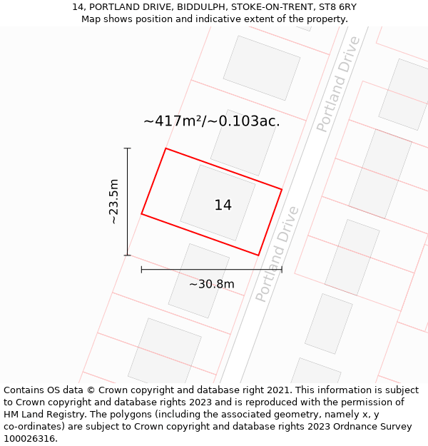 14, PORTLAND DRIVE, BIDDULPH, STOKE-ON-TRENT, ST8 6RY: Plot and title map