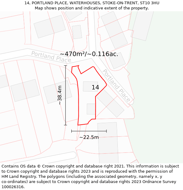 14, PORTLAND PLACE, WATERHOUSES, STOKE-ON-TRENT, ST10 3HU: Plot and title map