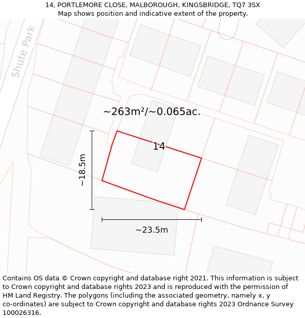 14, PORTLEMORE CLOSE, MALBOROUGH, KINGSBRIDGE, TQ7 3SX: Plot and title map